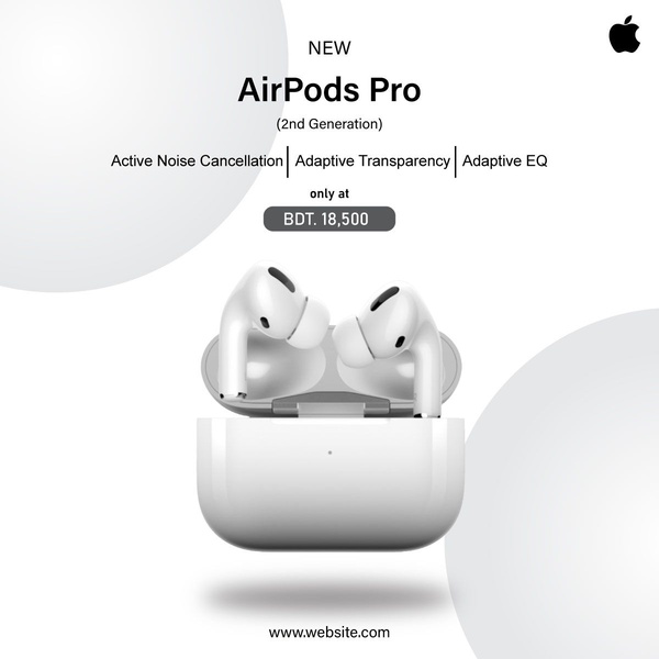 This creative uses a clean, white-space heavy layout to showcase the wireless earbuds, highlighting key features like noise cancellation and pricing.
