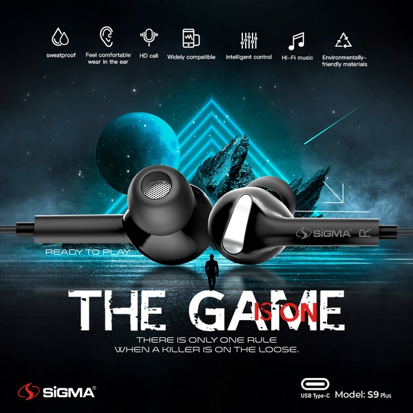 A high-contrast, sci-fi thematic ad featuring sleek black gaming earphones floating against a neon blue moonlit backdrop with clear benefit icons.