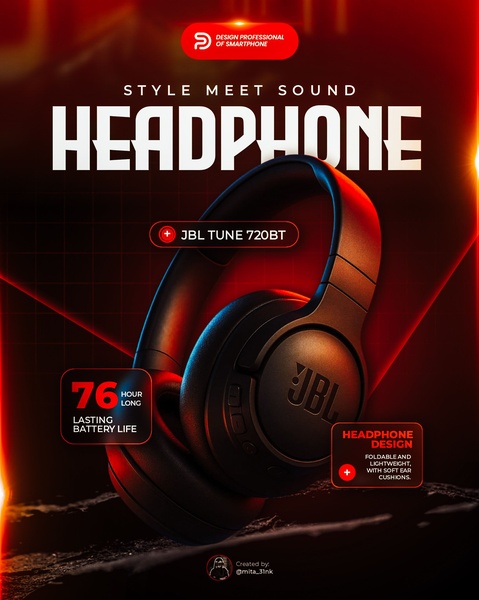 A dark-themed, high-contrast product shot of wireless headphones that highlights battery performance and comfort through clean typography and red accents.