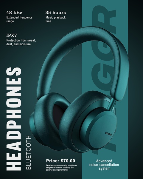 A clean, feature-focused ad design that uses a professional dark aesthetic to highlight product technical specifications for Bluetooth headphones.