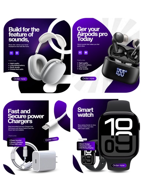 wireless headphones, wireless earbuds, smartwatch, phone charger, audio accessories, wearable electronics, product launch, brand awareness, minimalist, modern typography, bold, energetic, purple, black, neutral