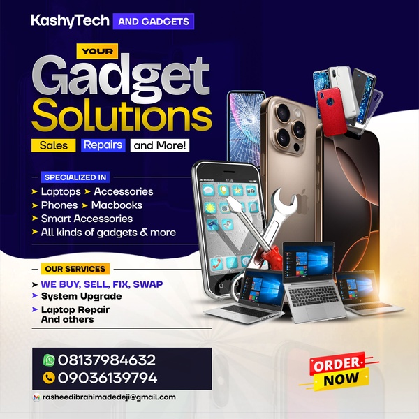 An informational 1:1 square ad for a gadget shop showcasing various device services and contact details.