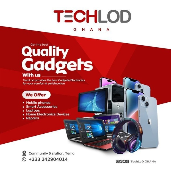 A clean, brand-focused advertisement highlighting a collection of electronic devices including mobile phones, laptops, and accessories.