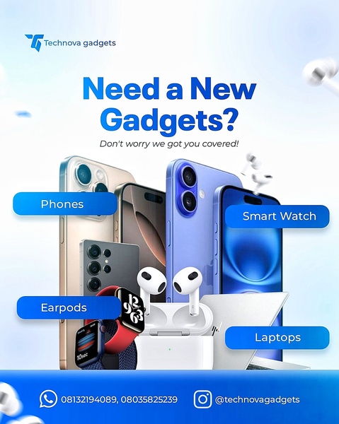 smartphones, wireless earbuds, smartwatch, laptop, tech gadgets, mobile devices, electronic devices, brand awareness, new arrival, minimalist, modern typography, bold, fresh, blue, neutral, white