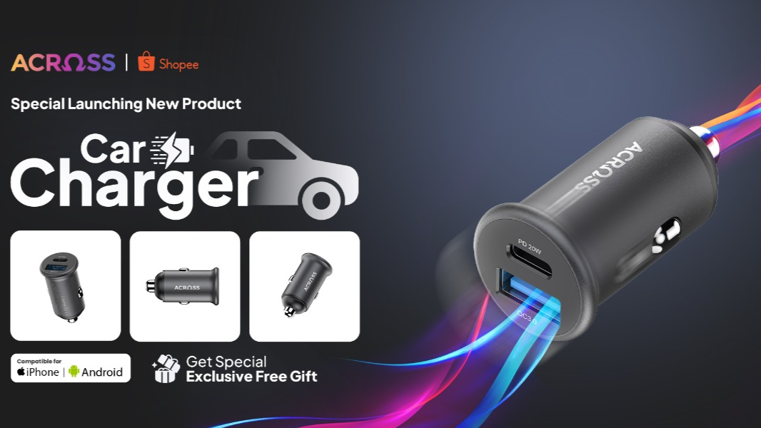 A high-contrast, clean 16:9 product launch ad featuring a car charger with motion-blur accents and clear compatibility icons.