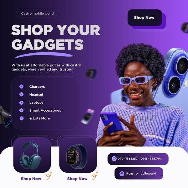consumer electronics, phone accessories, laptop accessories, smart accessories, wireless headphones, smartwatch, phone charger, brand awareness, product launch, modern typography, lifestyle, energetic, bold, purple, blue, black