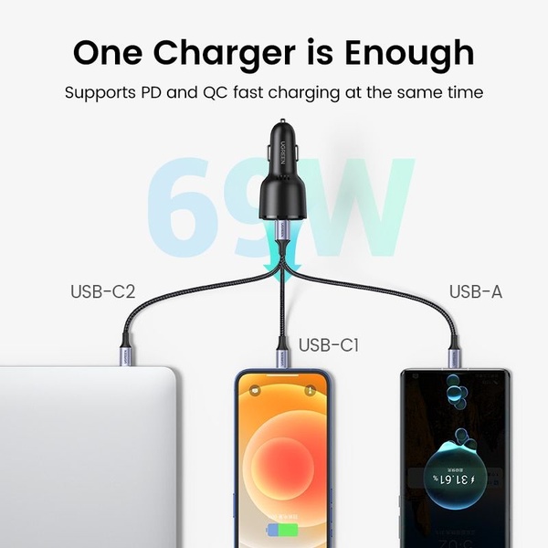 A clean, studio-lit graphic showing a car charger connected to three devices simultaneously, clearly illustrating the benefit of high-wattage, multi-port charging.