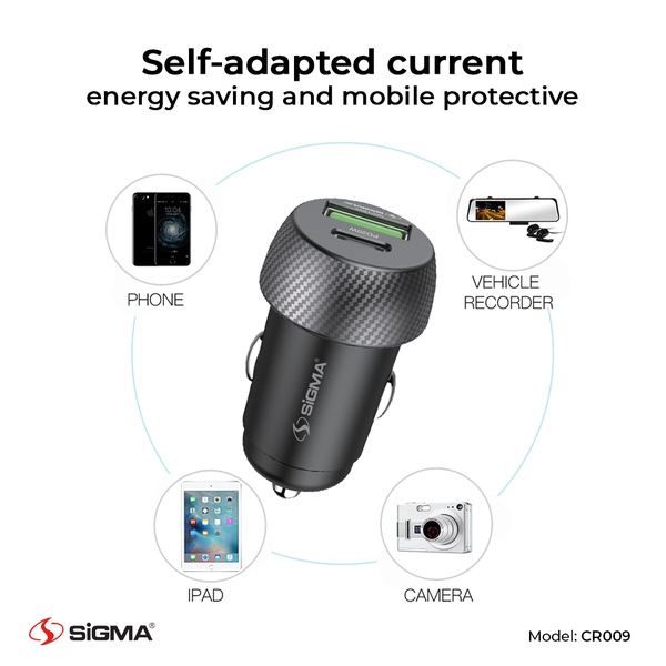 A clean, white-background product shot highlighting the versatility of a car charger by visually connecting it to four common device types.