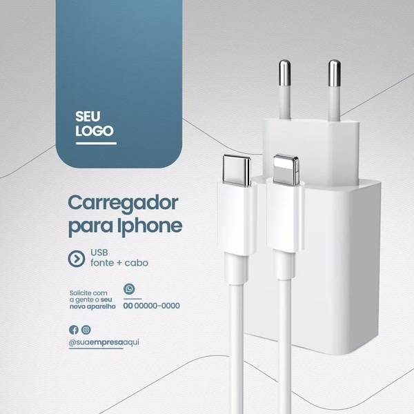 A clean, minimalist 1:1 ad creative highlighting a charger head and cable for iPhone, utilizing a professional studio aesthetic.
