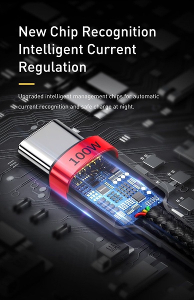 This ad creative uses a technical, internal-view illustration of a charging cable connector to highlight smart current regulation features.