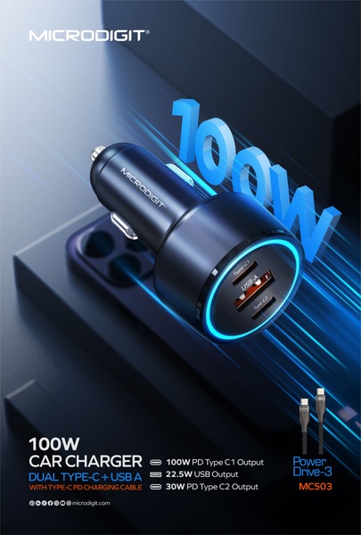 A high-contrast product advertisement showcasing a 100W car charger with glowing blue light effects, emphasizing power output specifications.