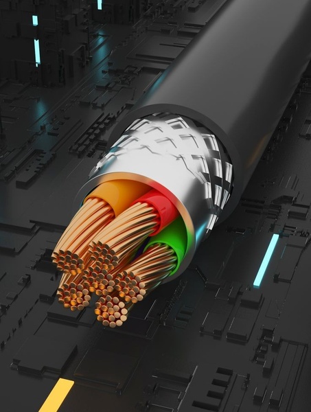 A high-fidelity macro shot of a multi-core industrial electrical cable, showcasing the copper conductors, color-coded insulation, and metal shielding.