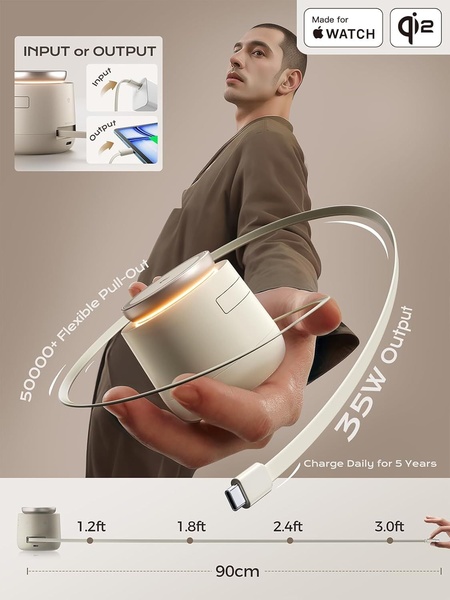 portable charger, wireless power bank, qi2 charger, apple watch charger, retractable cable charger, travel charger, compact power bank, product launch, brand awareness, lifestyle, editorial, trustworthy, bold, neutral, brown