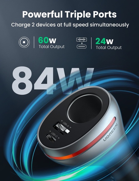 A high-contrast, technical display of an 84W car charger featuring a glowing energy ring and clear technical specifications for multiple device charging.
