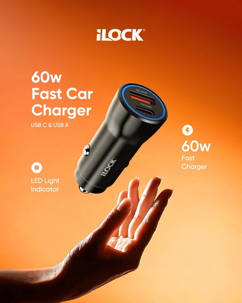 A high-contrast, professional product shot showcasing a 60w fast car charger hovering above a hand, emphasizing speed and modern tech.