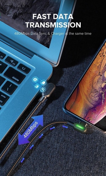 A technical, feature-focused ad highlighting the simultaneous data sync and charging capabilities of a high-speed data cable.