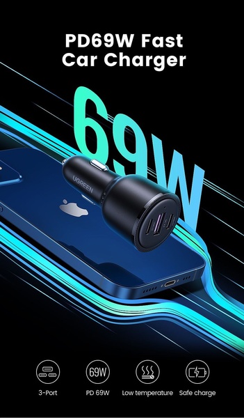A high-contrast, professional product visualization highlighting the 69W rapid charging capability of a 3-port car charger for mobile devices.