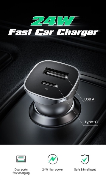 A clean, high-contrast product shot of a dual-port car charger with clearly labeled ports and key performance benefits highlighted at the bottom.