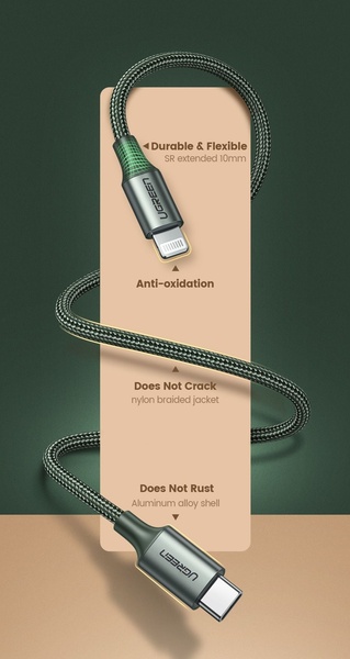 A vertical 9:16 ad creative using a clean, minimalist layout to highlight specific hardware benefits of a braided USB cable against a contrasting background.