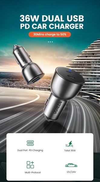 This vertical creative features a 36W car charger with a clear value proposition highlighting a 30-minute charge time and technical specifications.