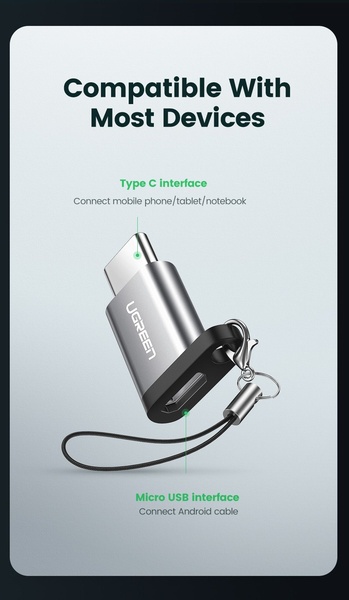 This ad displays a close-up, high-quality product shot of a dual-interface USB adapter with clear call-outs explaining its compatibility.