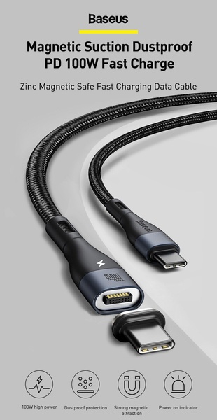 A high-contrast, clean studio shot of a 100W magnetic charging cable with icon-based feature highlights.