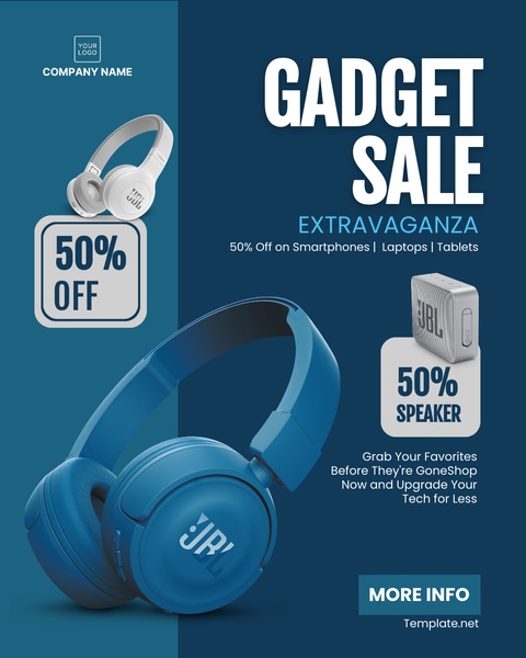 A high-contrast promotional creative featuring headphones and a speaker with clear discount messaging and a clean, modern design.