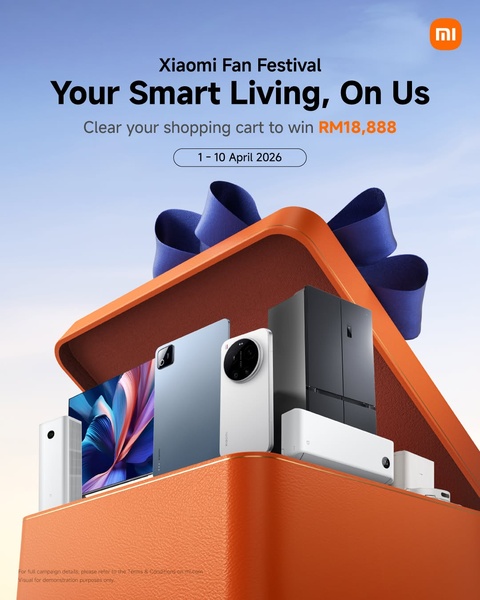 A festive promotional ad featuring a gift-wrapped bundle of smart home products including a television, tablet, smartphone, and air purifier.