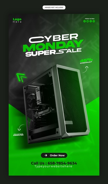A vertical social media advertisement featuring a high-end gaming computer with a bold Cyber Monday discount offer and vibrant green accents.