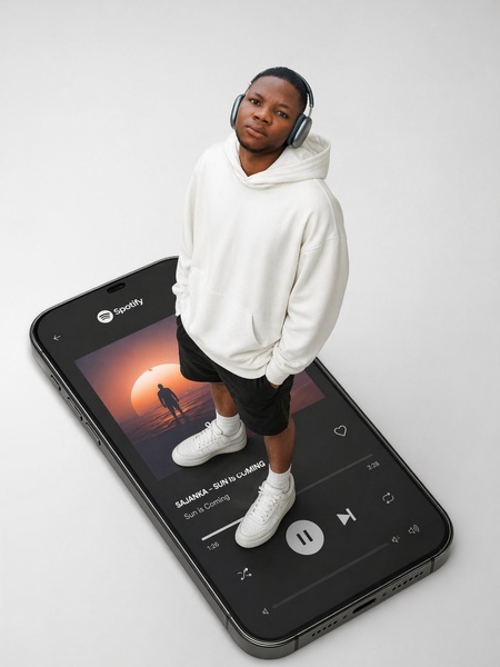 A high-concept hero image depicting a man standing on an oversized smartphone screen that displays a music playback interface.