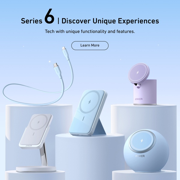 A clean, studio-lit display of wireless charging tech products set against a soft blue gradient background.