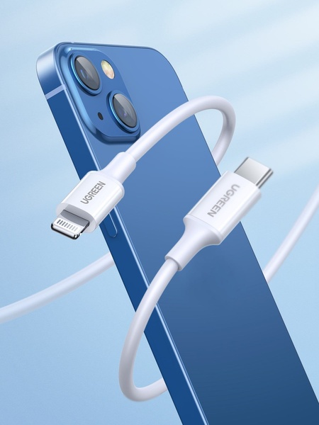 A clean, studio-lit shot of a USB cable looping around a blue smartphone, emphasizing design and utility.