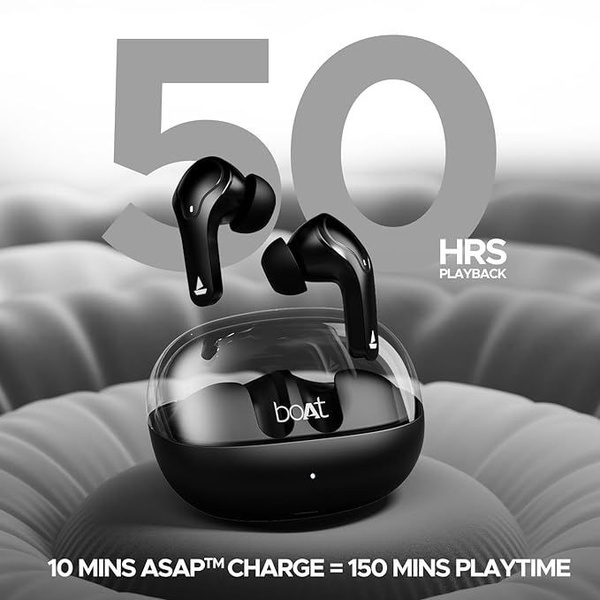 A minimalist, high-contrast product ad focusing on key technical specifications of wireless earbuds, highlighting battery longevity and fast charging.