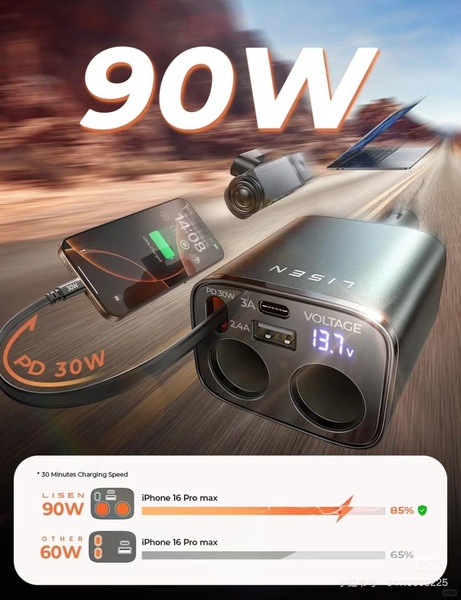 A comparative graphic showing the superior charging speed of a 90W car charger versus a 60W model using a clear progress bar visual.