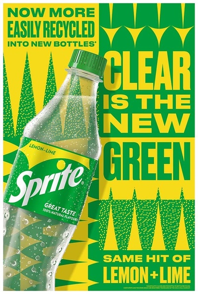 A static ad creative for a lemon-lime beverage highlighting a transition to clear, recyclable bottles while maintaining the signature flavor.