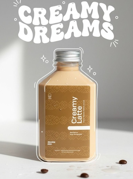 A minimalist studio shot of a cold brew latte bottle featuring hand-drawn white doodles and clean, soft-focus studio lighting.