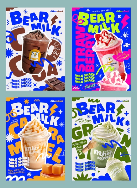 A collection of four vibrant, high-energy milkshake advertisements featuring bold typography, bright colors, and dynamic product shots for various flavors.