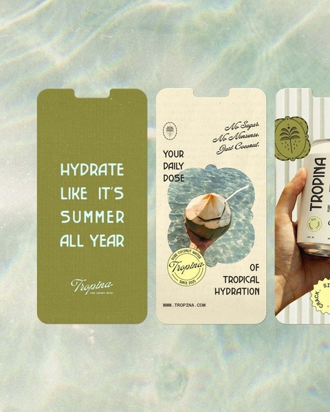 A clean, minimalist 4:5 ad creative series for coconut water featuring earth-tone typography and product-focused lifestyle imagery.