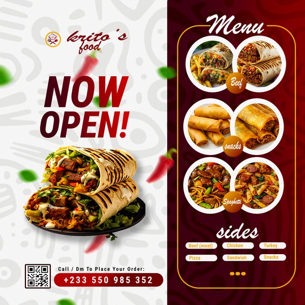 A split-screen ad creative showcasing a signature wrap on the left and a categorized menu of food items on the right, punctuated by a bold 'NOW OPEN' hook.
