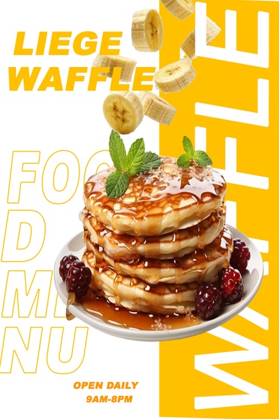 A vertical ad featuring a stack of waffles topped with syrup and fresh fruit, utilizing high-contrast yellow backgrounds and bold, clean typography.