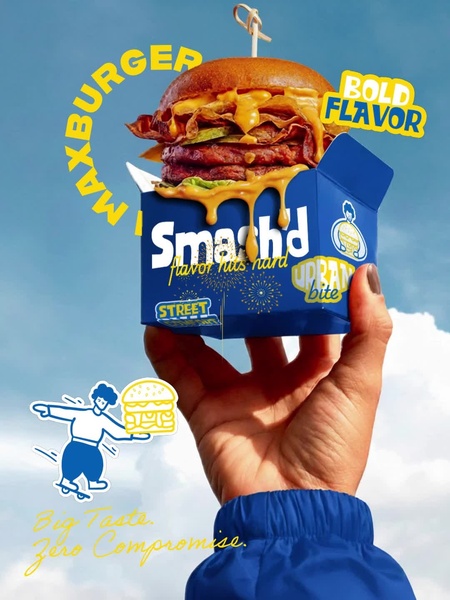 A vertical 3:4 ad creative showcasing a gourmet burger held in a branded box against a bright blue sky, using vibrant typography to emphasize flavor.