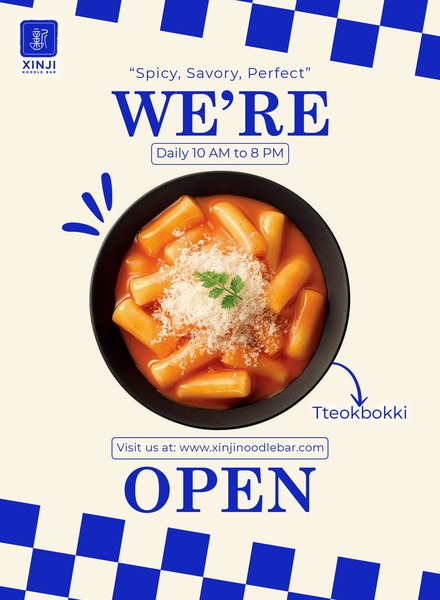 A clean, high-contrast ad featuring a single bowl of tteokbokki with a bold color-blocked layout and clear branding for maximum visual clarity.