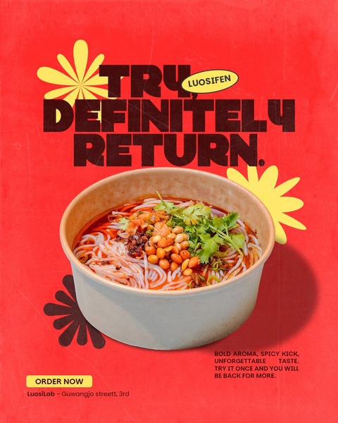 A high-contrast advertisement for Luosifen noodles featuring a central product image, bold typography, and a clear call-to-action for local customers.