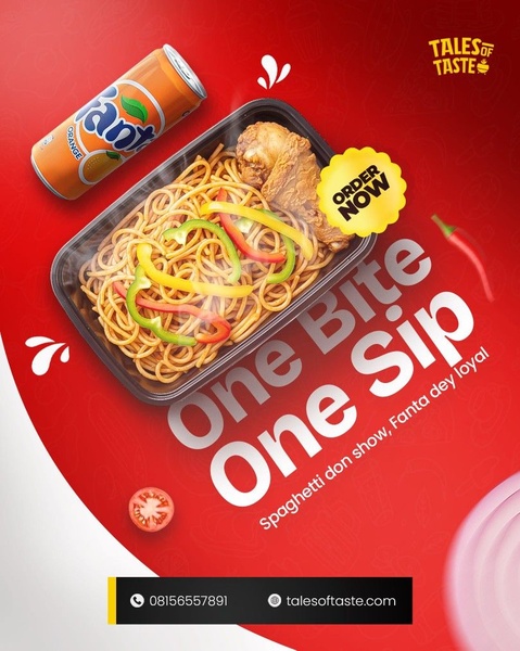 A vibrant 4:5 vertical ad showcasing a freshly prepared spaghetti meal paired with an orange soft drink, designed for immediate mobile conversion.