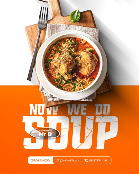 A high-contrast advertisement for soup featuring professional food photography, minimalist wood textures, and bold, centered typography.
