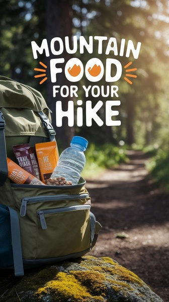 A high-conversion 9:16 vertical creative showing trail-ready snacks packed in a backpack against a natural hiking path background.