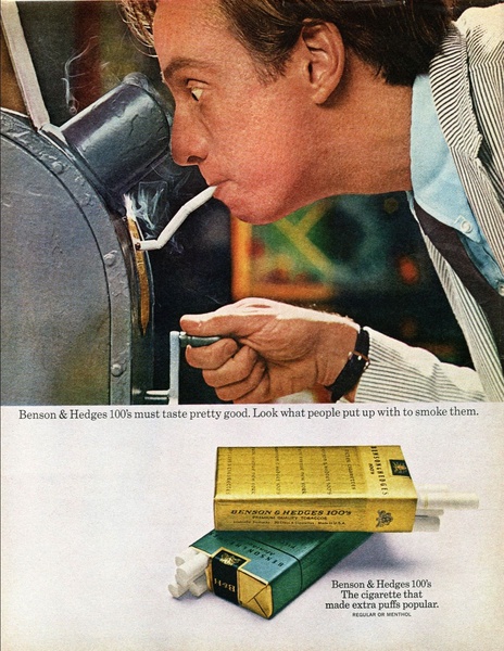 A clever, humorous print advertisement showcasing the extra length of a cigarette by depicting a man lighting one from a long-distance source.