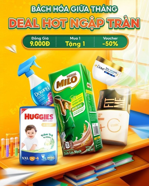 A high-energy retail advertisement showcasing a bundle of household, beverage, and skincare products with clear promotional pricing incentives.