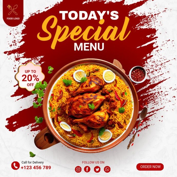 A high-contrast, hunger-inducing promotional ad featuring a steaming bowl of chicken biryani with a clear '20% off' incentive to drive immediate restaurant orders.