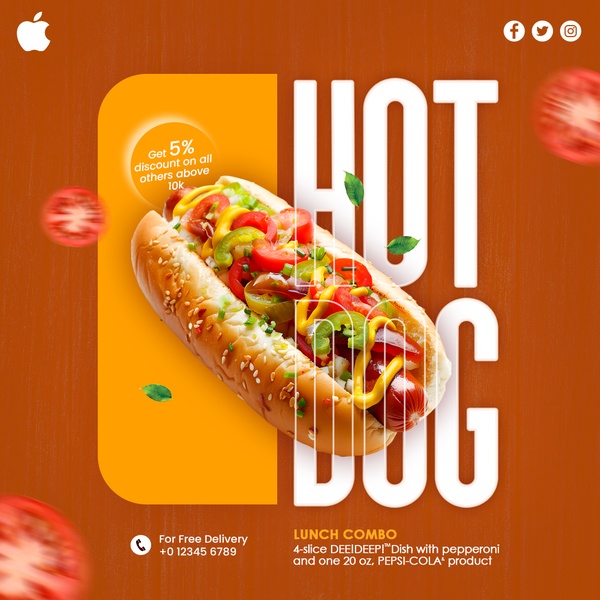 A square ad creative featuring a hot dog centerpiece with layered typography and an integrated 5% discount offer.